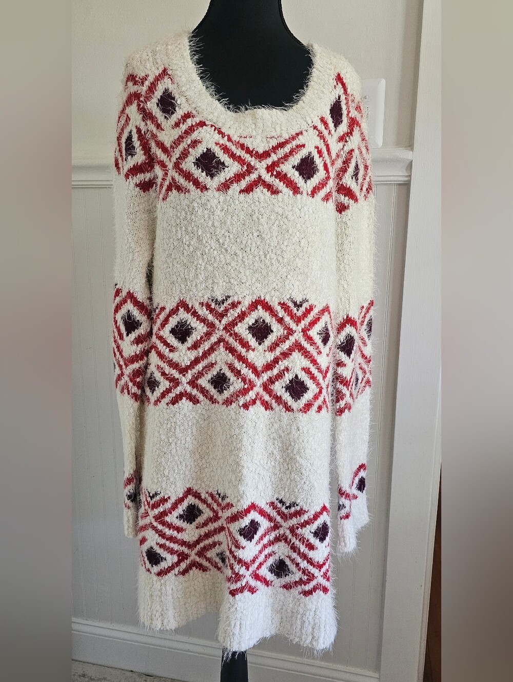 Aztec Cozy Cream Knit Eyelash Sweater Dress with Red Fair Isle Pattern 1X